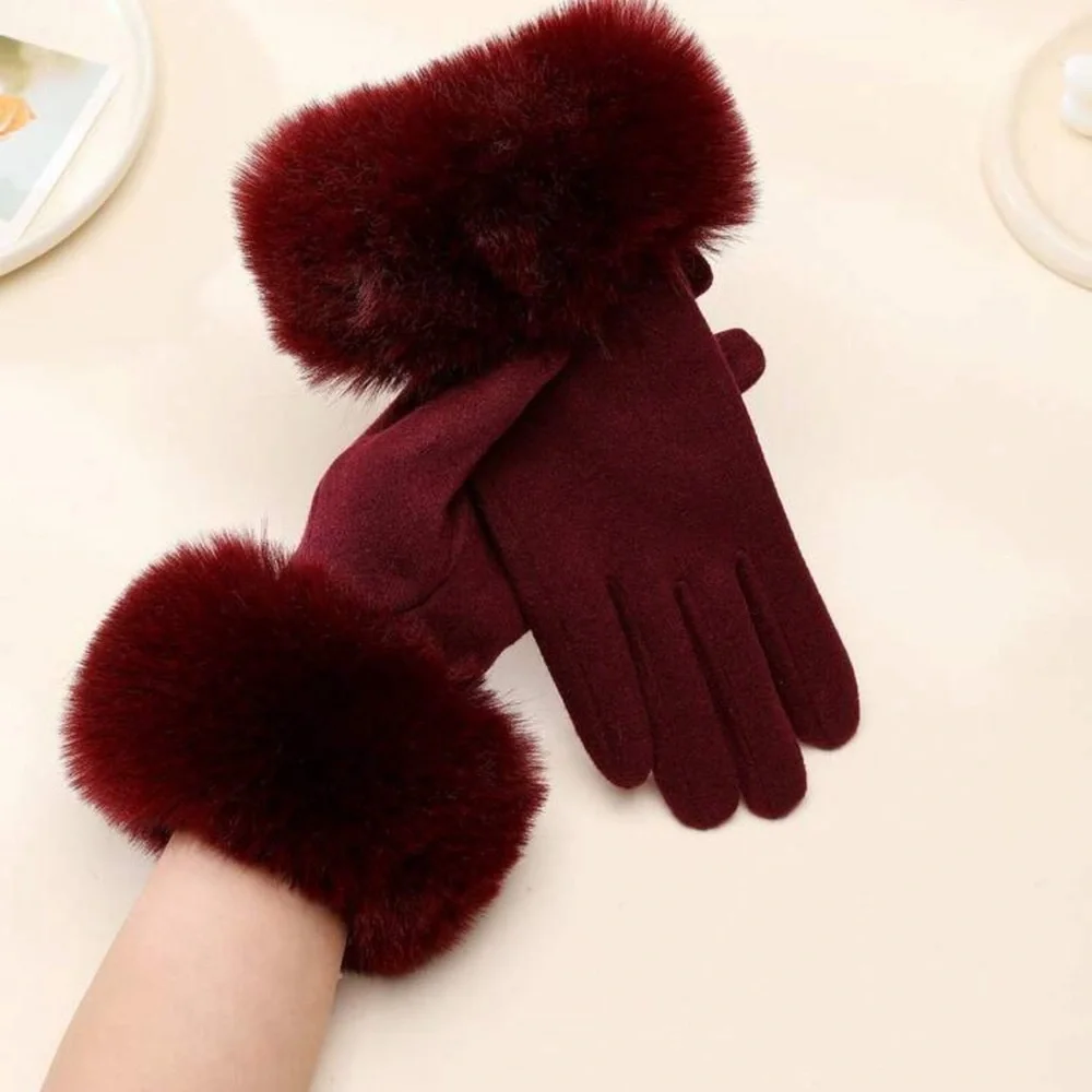 1pair Women's Leather Touchscreen Gloves With Fuzzy Lining, Warm And Windproof